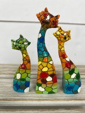 Multicolor Mosaic Art Cat Figurines 3 Cats colorful